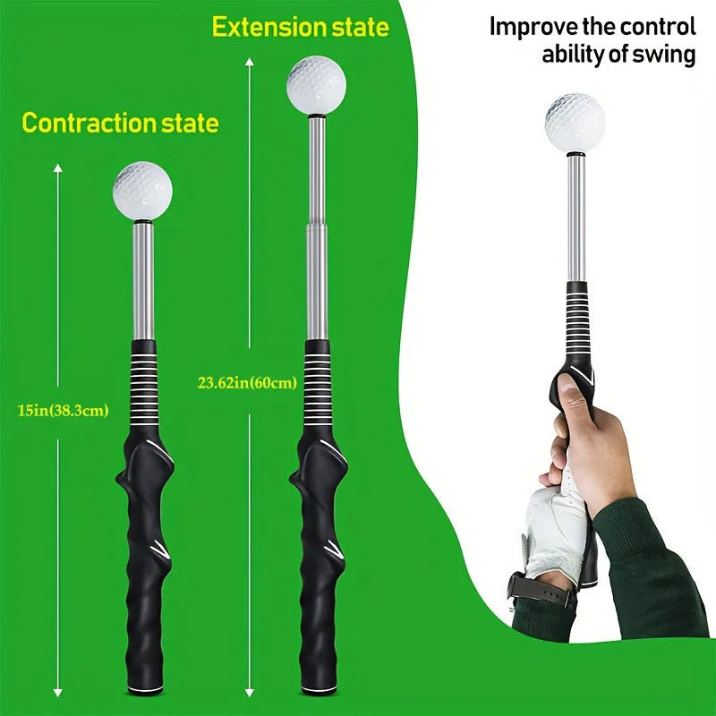 A telescopic stainless steel golf swing trainer extended to full height on a green background.
