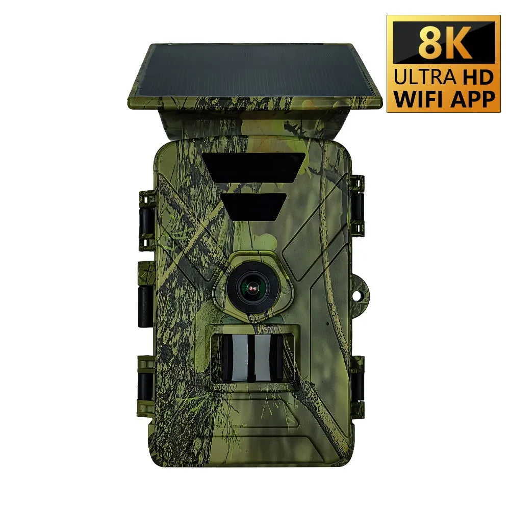 WiFi solar outdoor camera with 8K/5K resolution, Type C charging, and ABS body, 100x75x190mm.