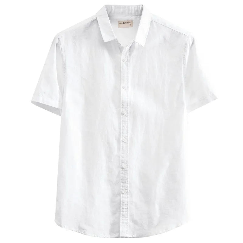 Men's loose fit short sleeve casual shirt in cotton blend fabric with a square collar.