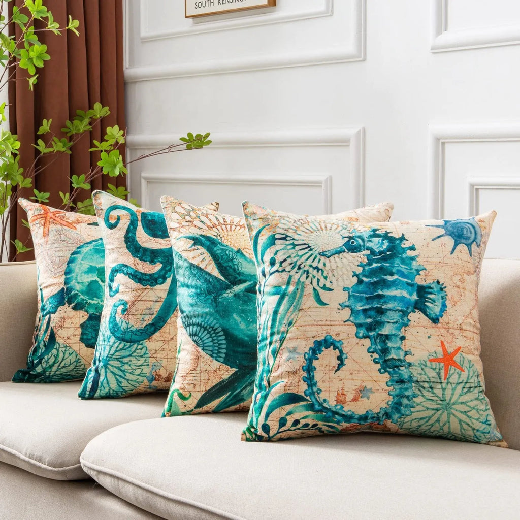Square linen cushion cover with a colourful high-definition sea turtle print, showing the invisible zipper.
