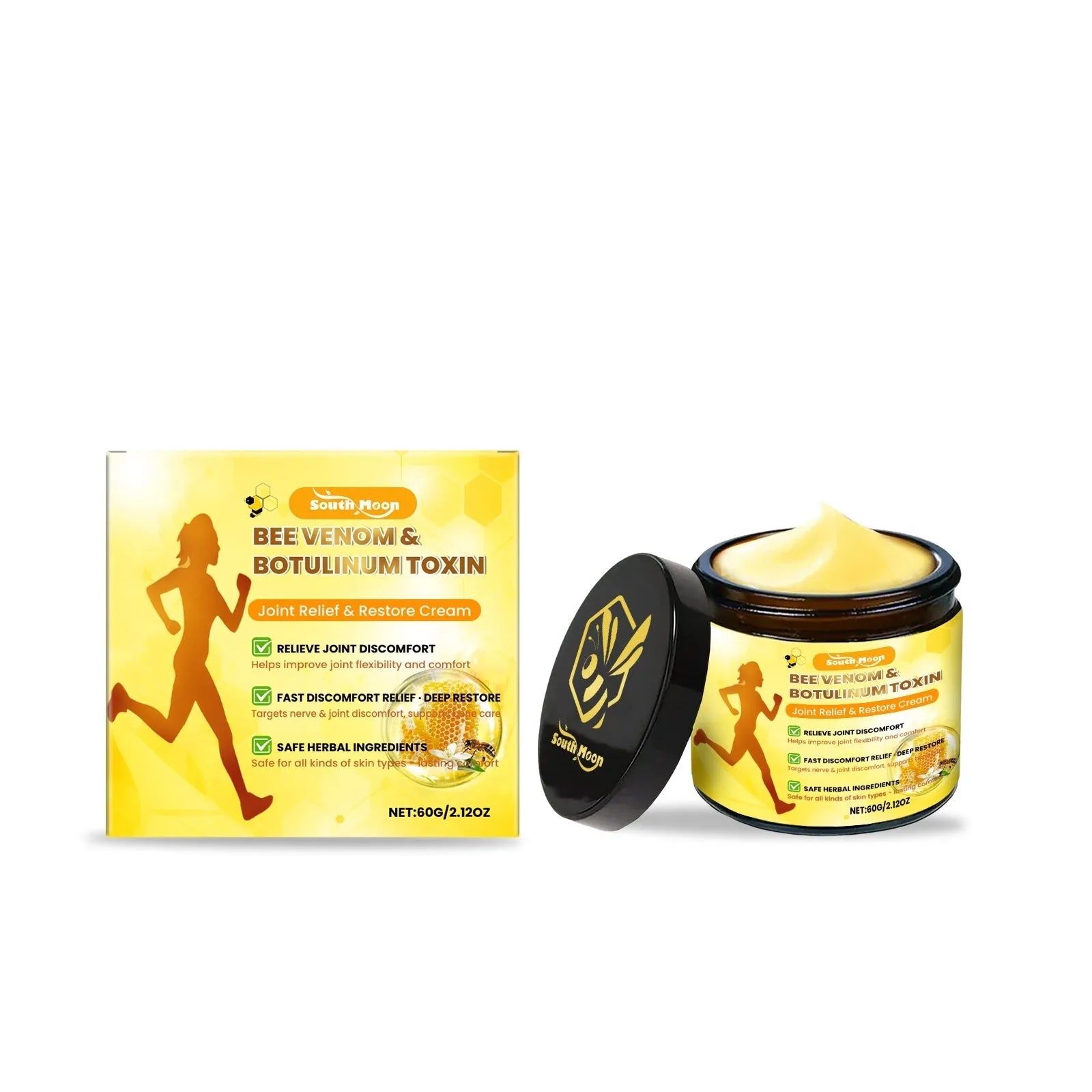 60g Joint Relief Restore Cream jar with mint leaves, bee venom, and acetyl hexapeptide-8 for aching joint relief