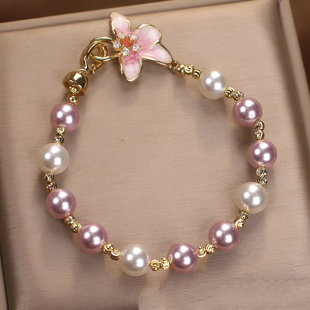 New Chinese style wisteria flower bracelet in pink imitation pearl for women