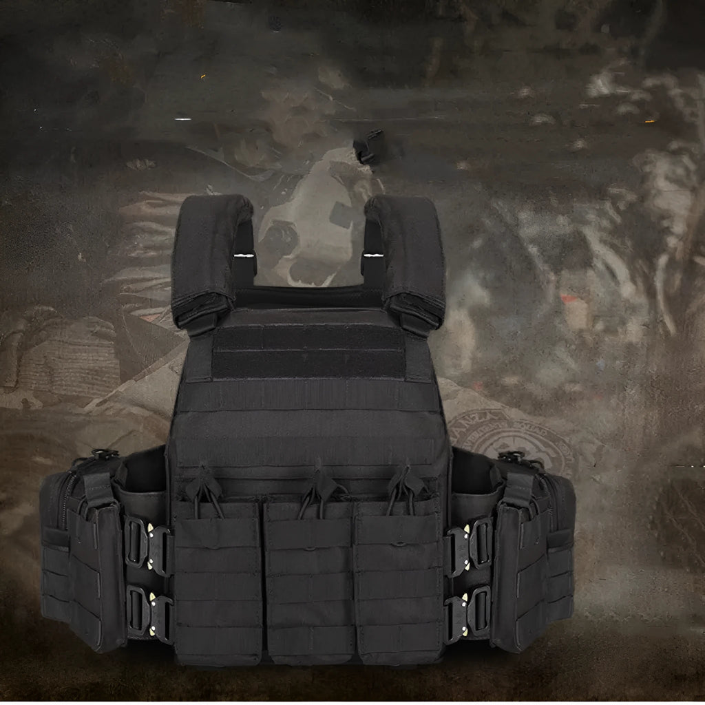 Men's camouflage polyester tactical vest shown in an army green colour, designed for outdoor training and shooting sports.