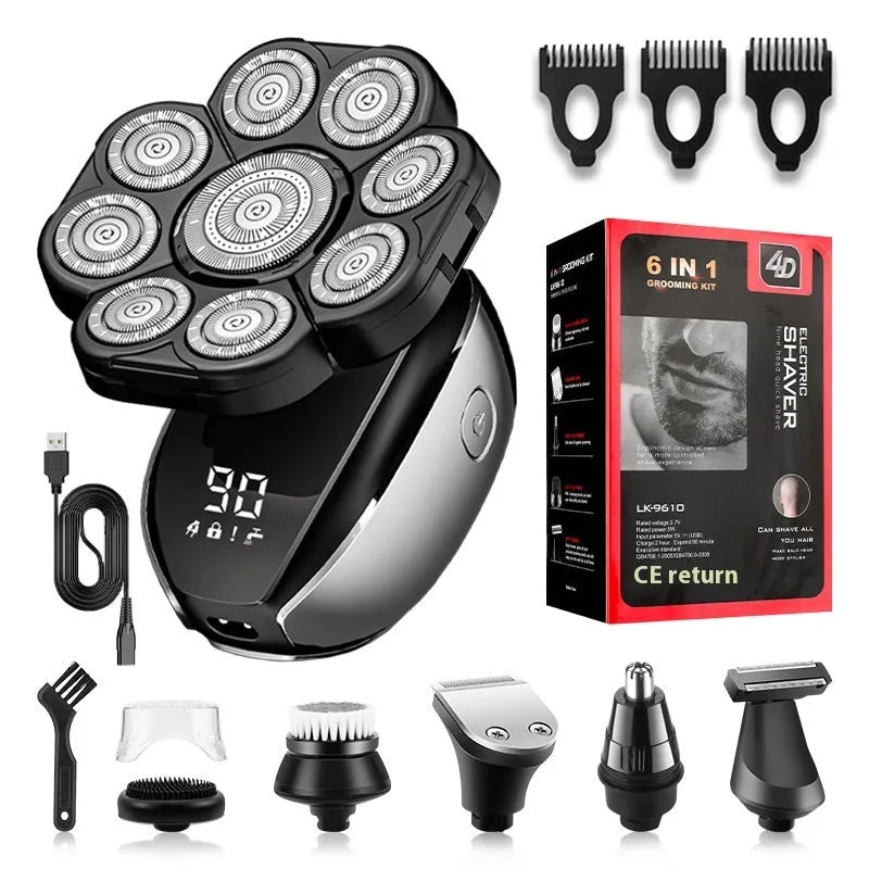 Black rechargeable 6-in-1 multifunctional hair clipper and shaver kit with attachments laid out.