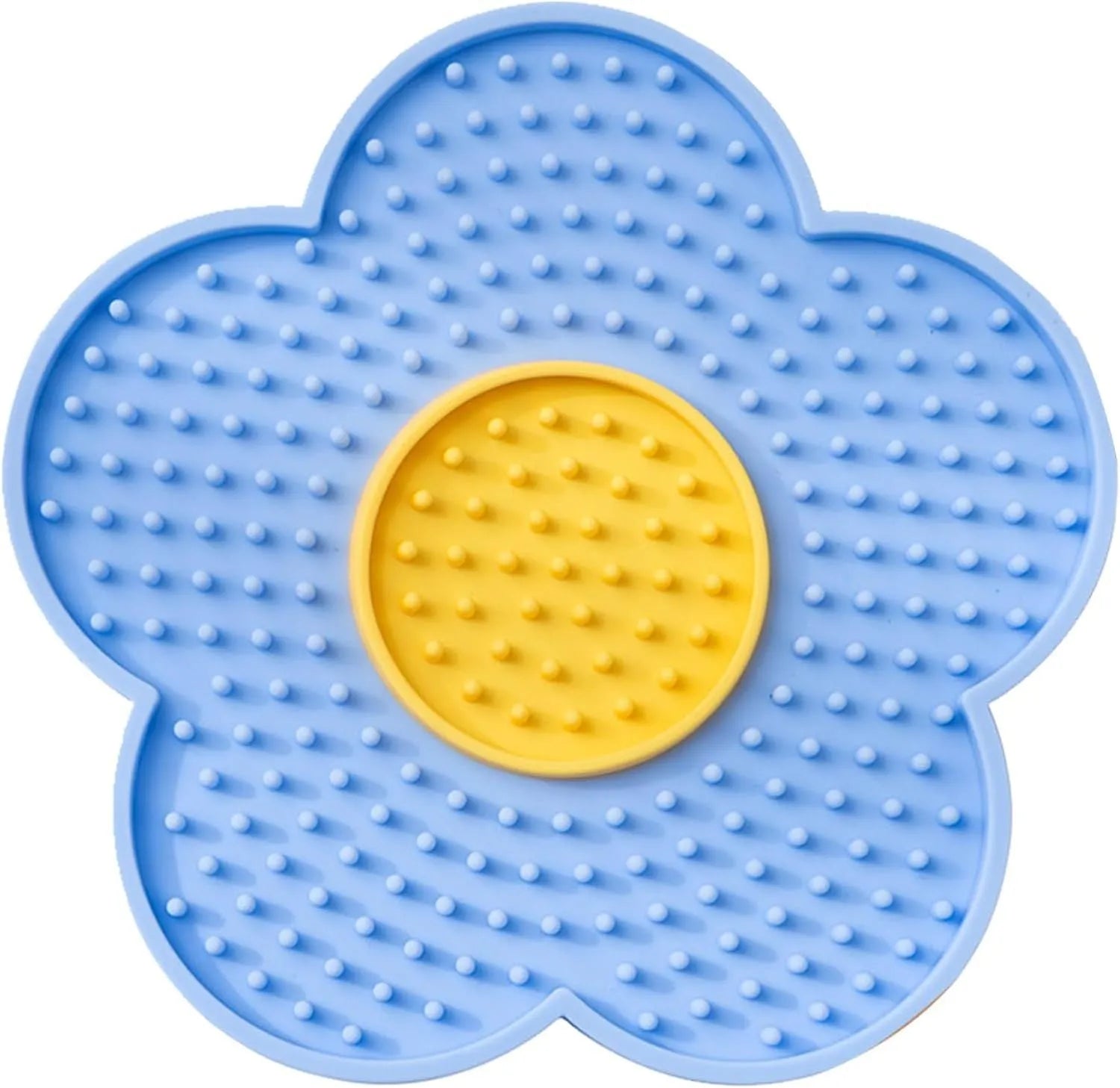 Flower-shaped silicone pet lick mat with suction cups on a smooth surface in assorted colours.