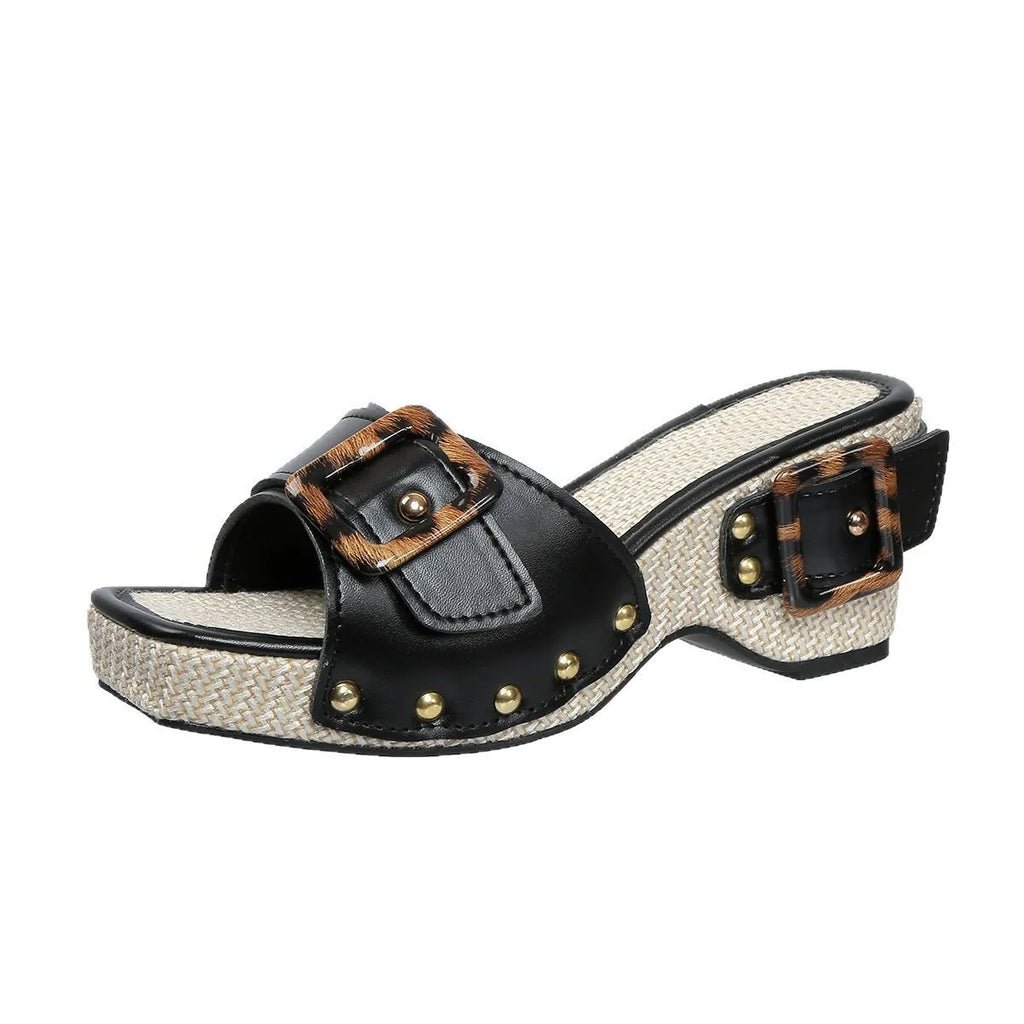 Plus size platform wedge sandals with square toe, rivet detail, PU upper and rubber sole, black or white