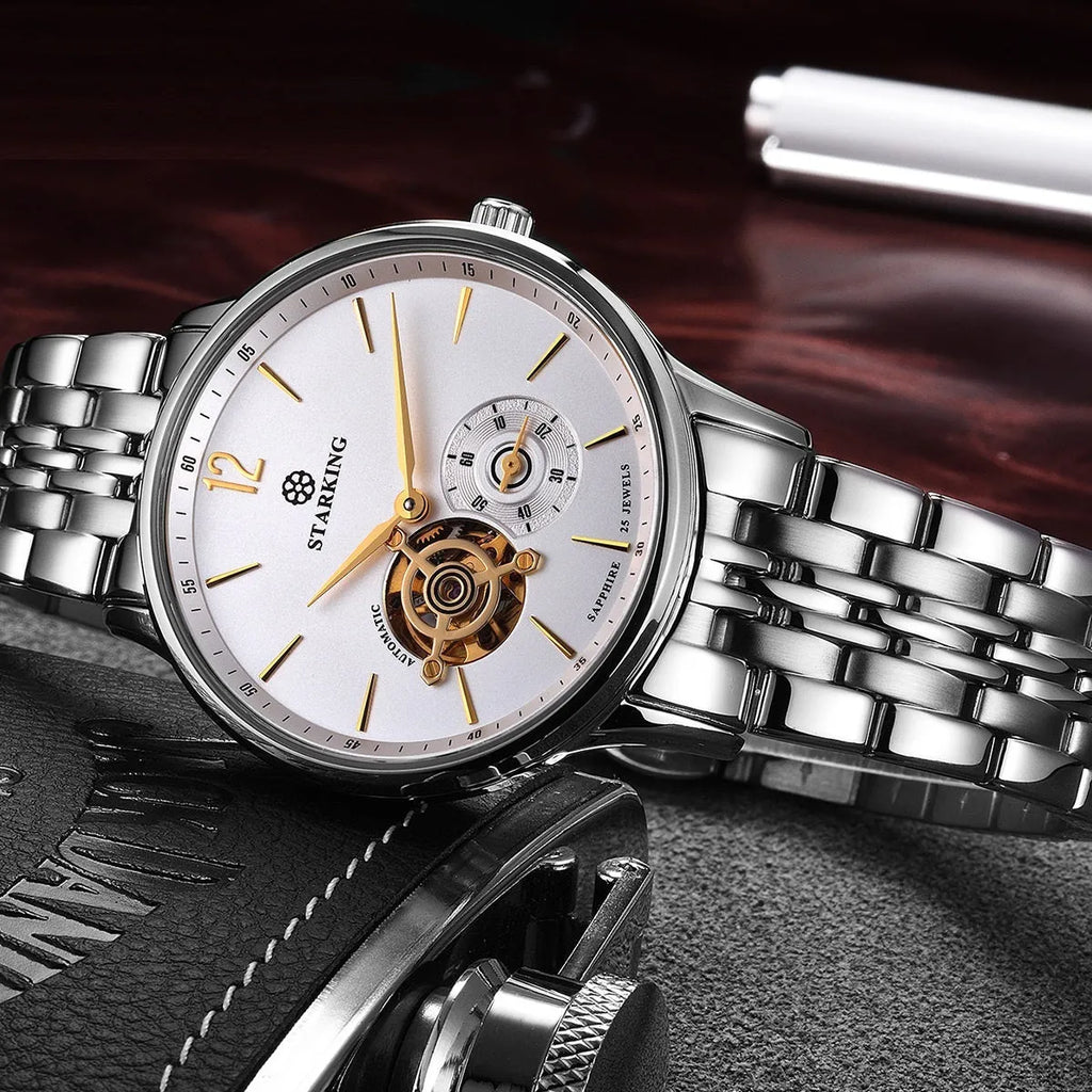 Automatic mechanical men's business watch with brown leather strap and stainless steel case.