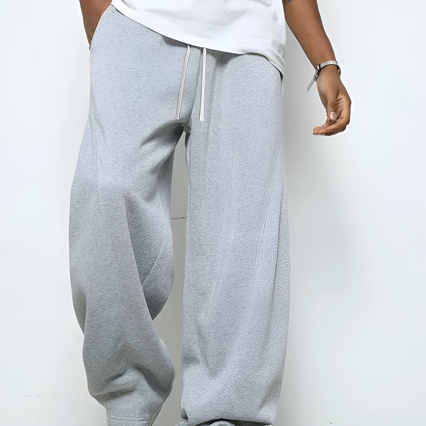 Men's casual straight leg trousers with micro-elastic waist in black, grey, and light grey options