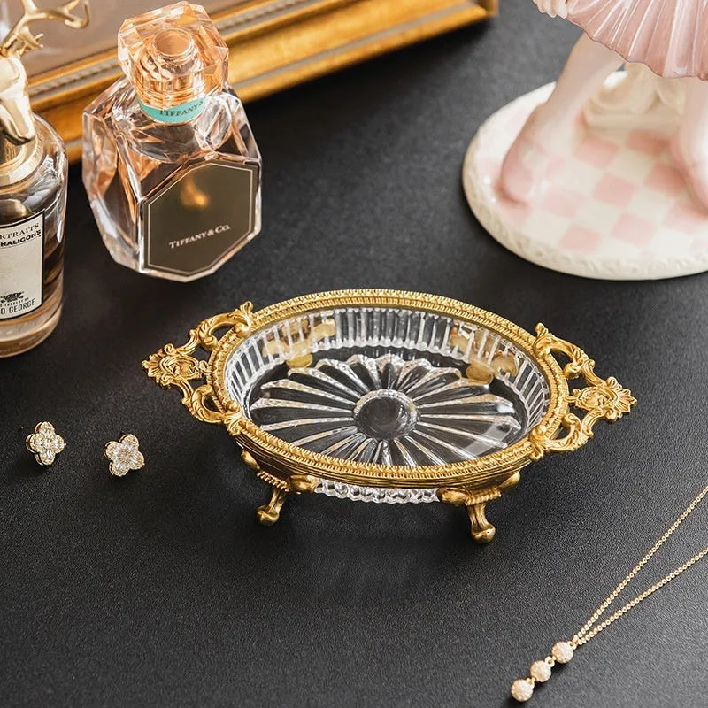 Carved crystal decorative tray, aluminium alloy jewellery storage dish, Versailles style, two colour options