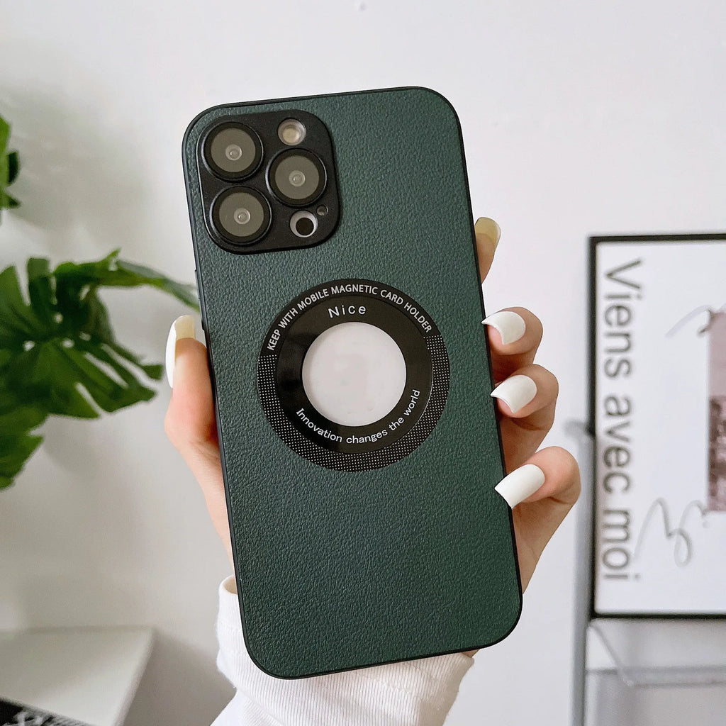 Black litchi grain leather phone case for iPhone 15 Pro with magnetic suction and anti-fingerprint finish