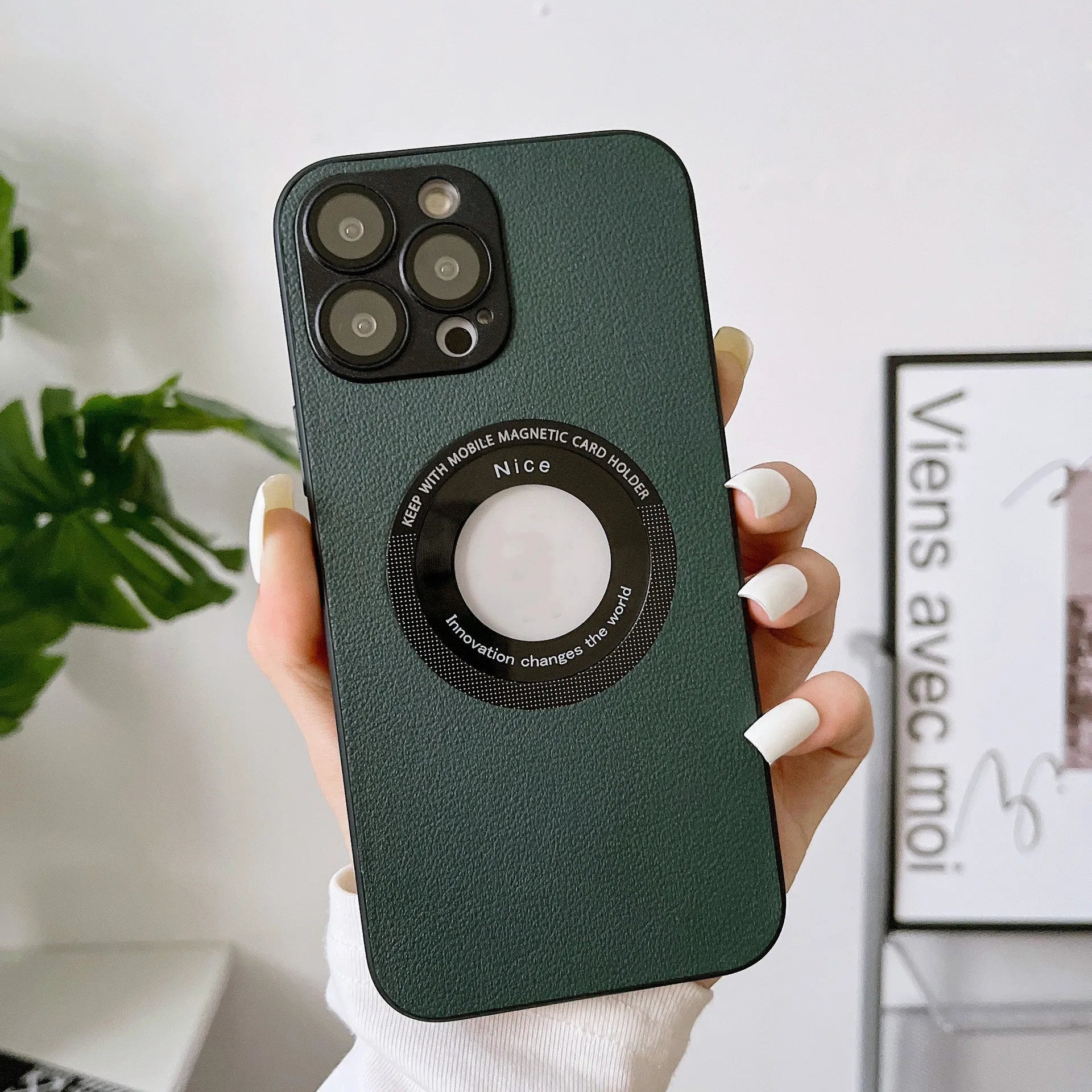 Black litchi grain leather phone case for iPhone 15 Pro with magnetic suction and anti-fingerprint finish