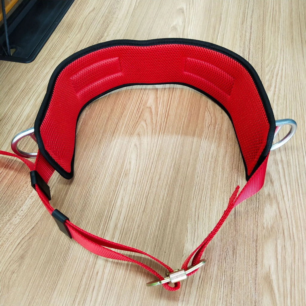Red polyester anti-fall safety belt with alloy steel buckle and lanyard rope for power engineering