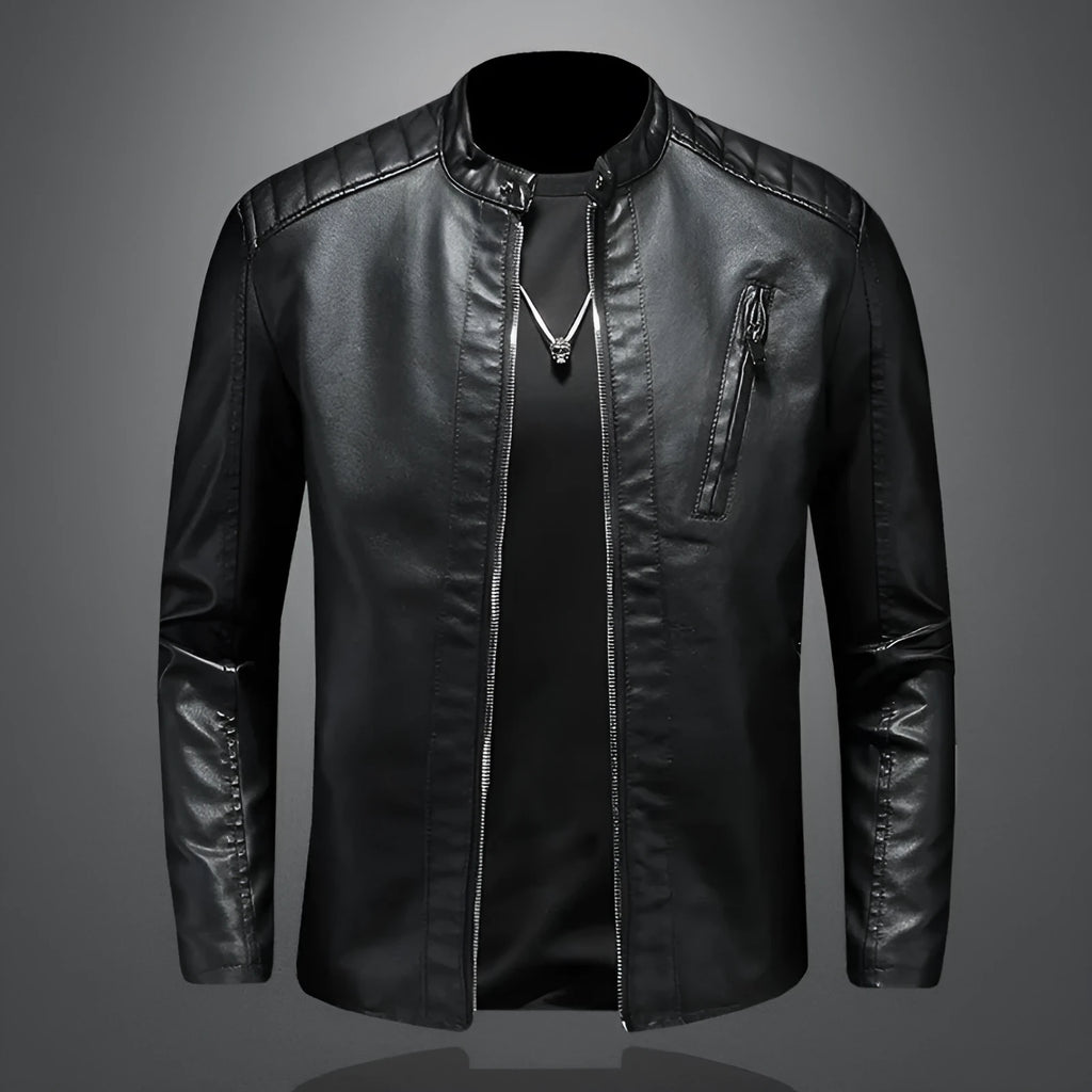 Plus size men's PU leather jacket with stand collar and zippered pockets in black