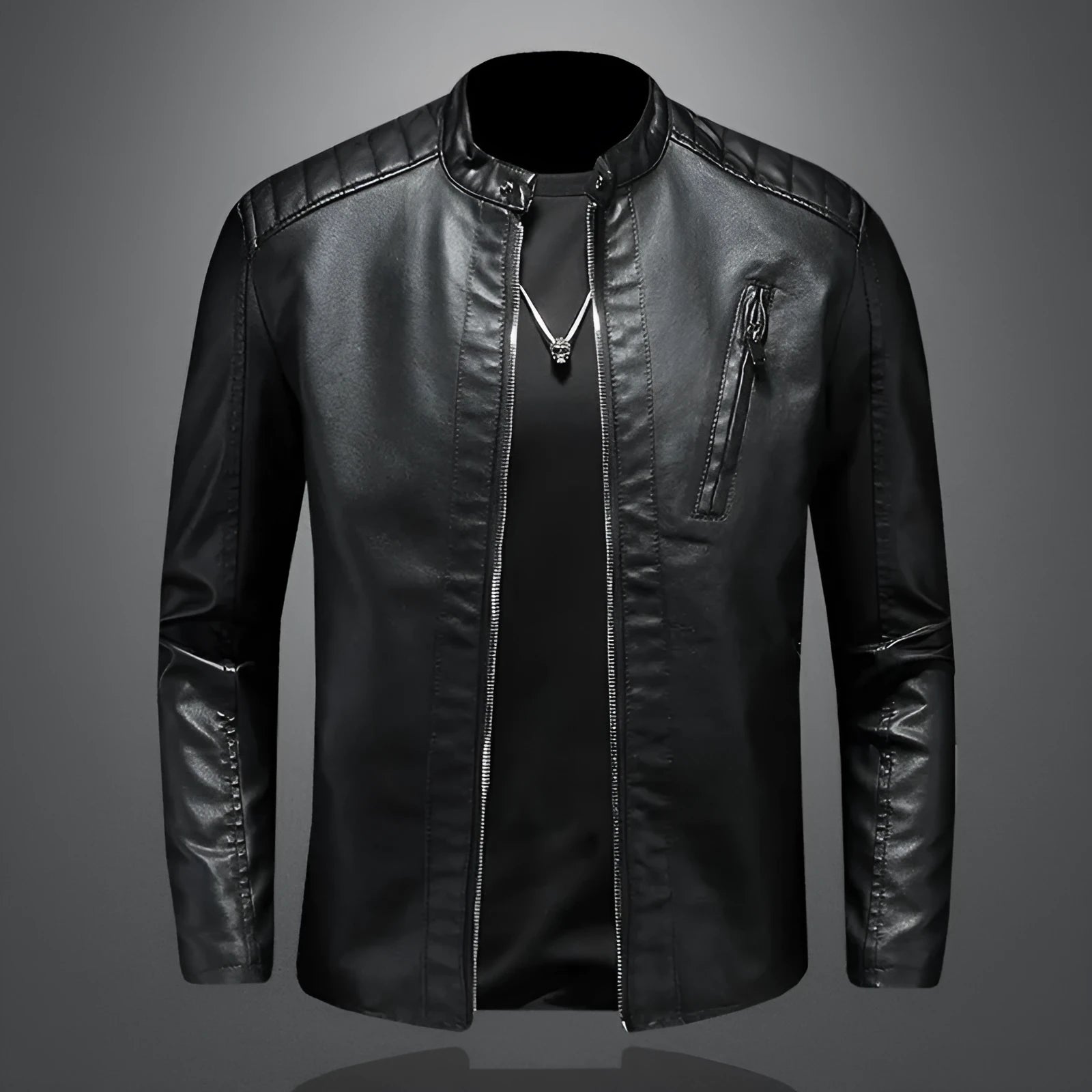 Plus size men's PU leather jacket with stand collar and zippered pockets in black