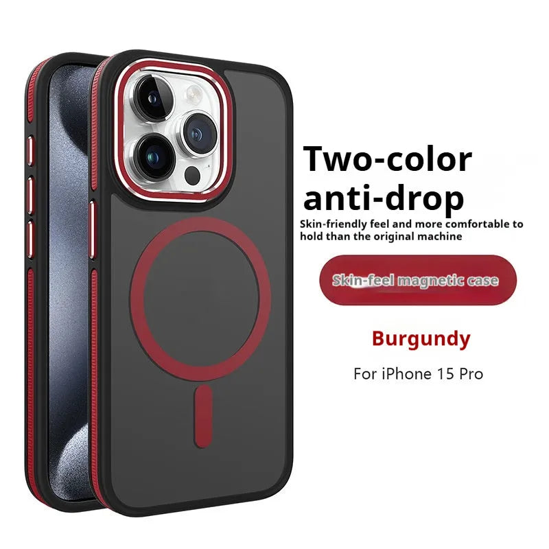 Magnetic iPhone case with frosted TPU shell and metal lens ring in black, blue, gray, orange, wine red, or dark purple.