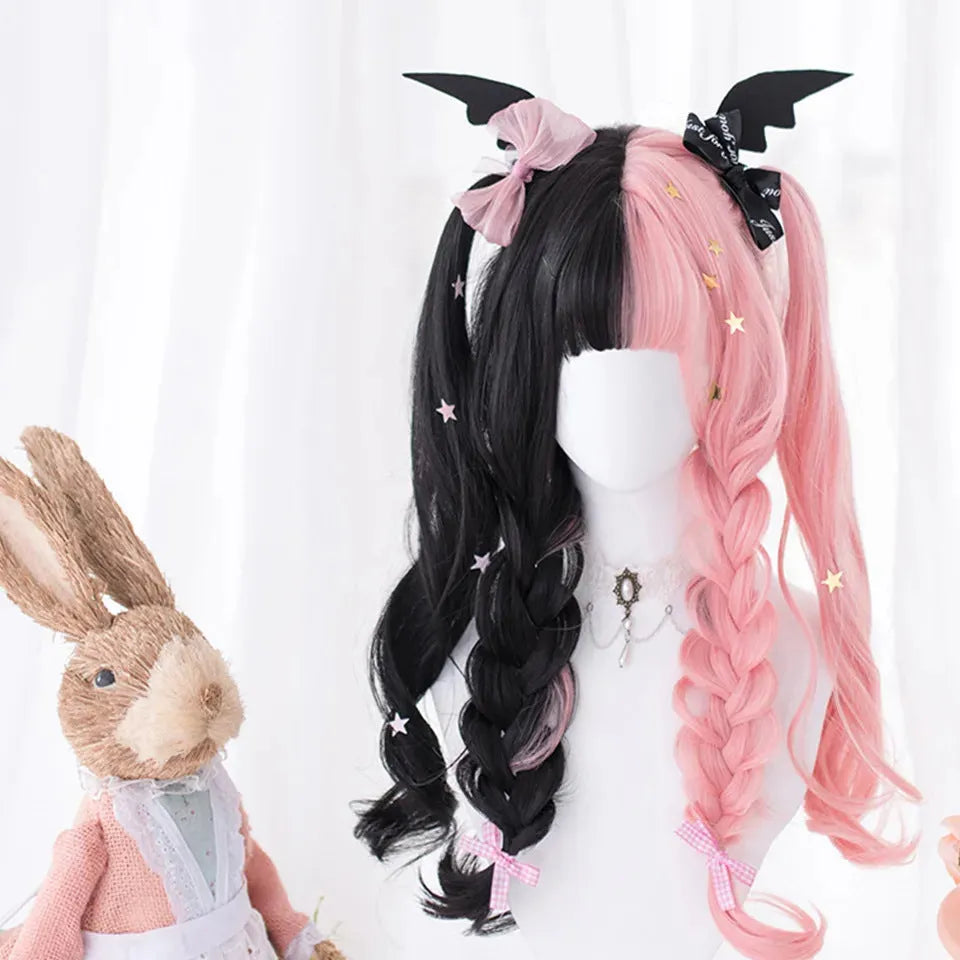 Harajuku Japanese Lolita long curly black and pink wig with full fringe, shown on a model.