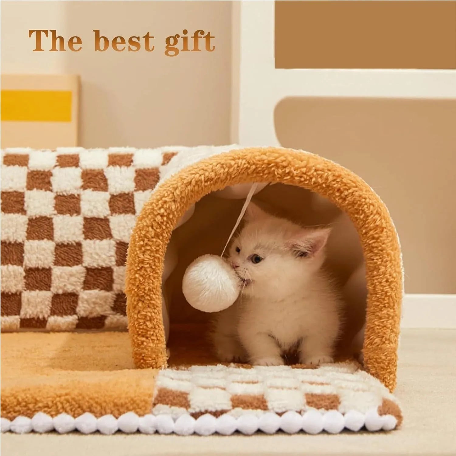 Brown plush plaid cat tunnel bed with central mat and zippered tunnel for indoor cats