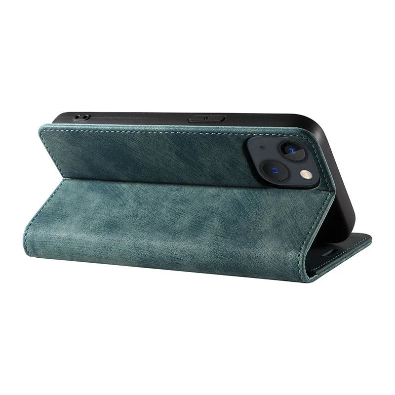 Magnetic flip phone case in grey showing front flap with card slots closed over an iPhone