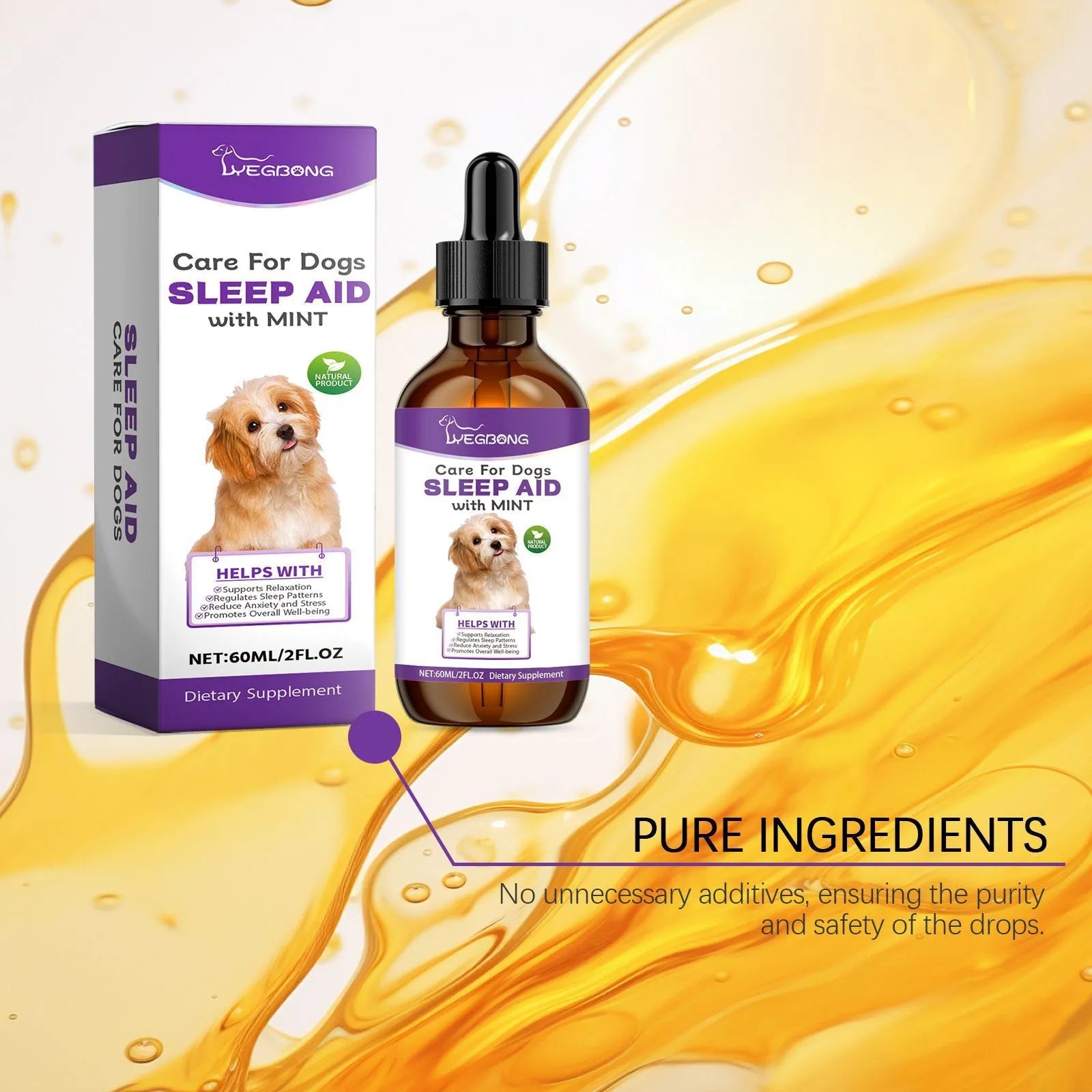 60ml bottle of dog sleep drops liquid supplement with mint extract for veterinary care
