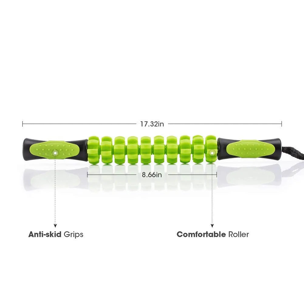 Fascia roller muscle relax massage stick with four convex round heads, ABS plastic, in green
