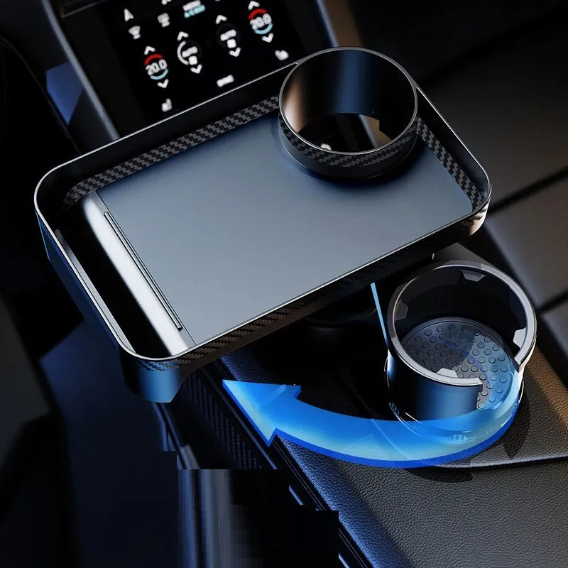 Black ABS plastic car-mounted rotating dinner tray holder shown inserted into a vehicle cup holder.