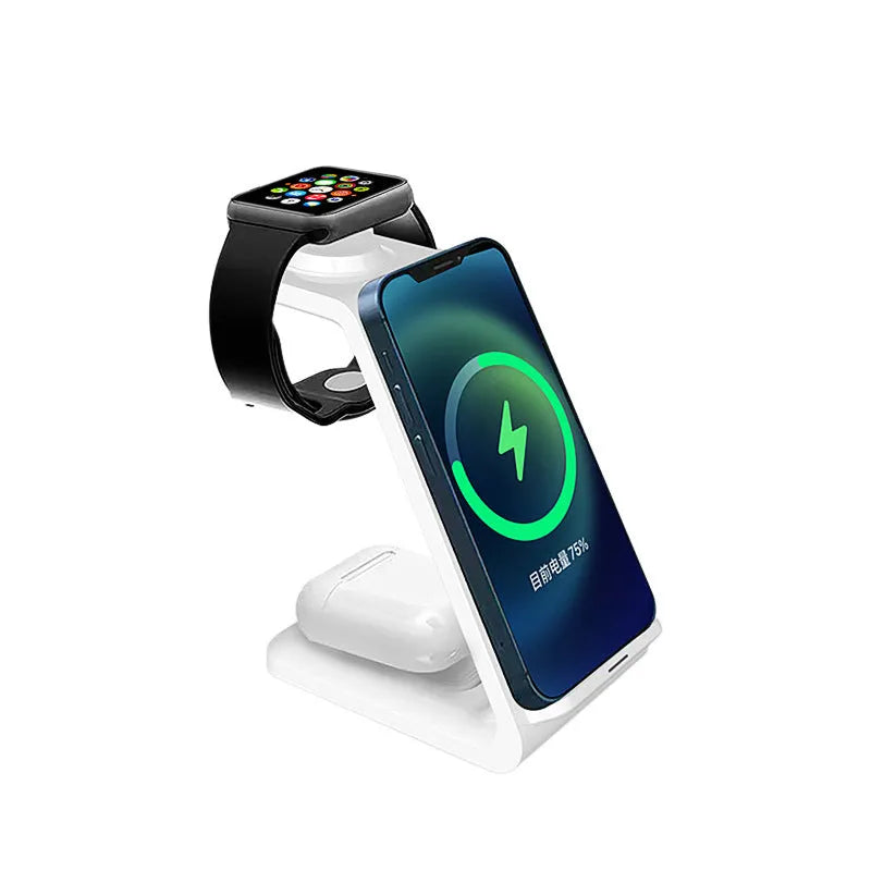 White 3-in-1 wireless charging stand holding a mobile phone upright next to wireless earbuds on its base.