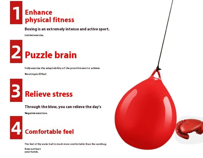 Red water-filled boxing reaction ball with hook rope for hanging installation