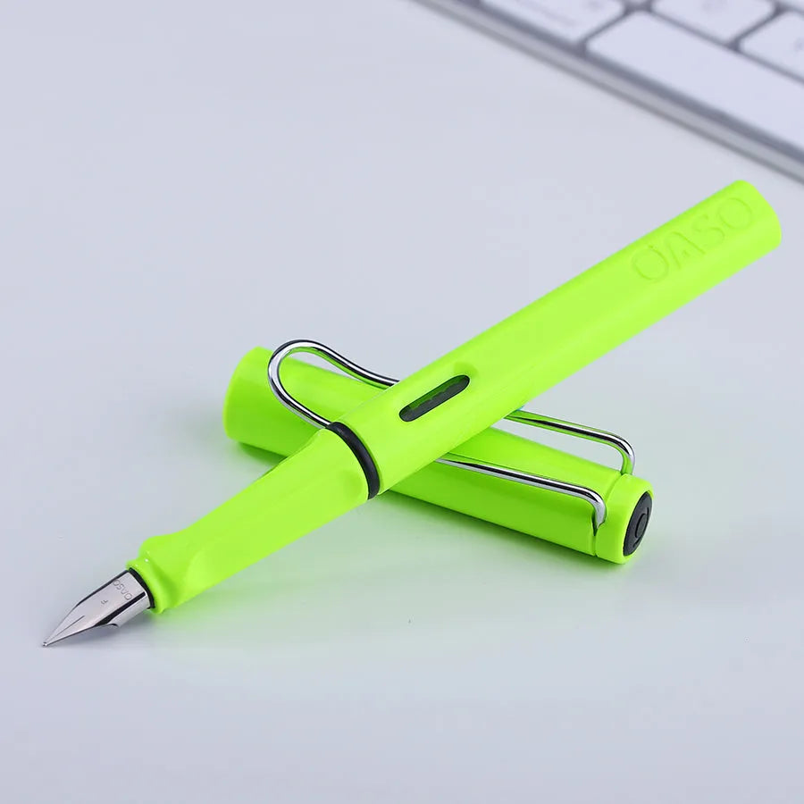 Plastic ink sac pen with steel nib in red, yellow, green, blue, and black colour options
