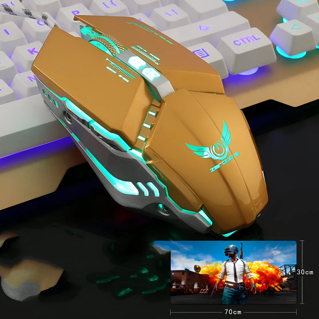 Gold wired gaming mouse with braided USB cable, 3200dpi sensor, and 8 programmable buttons on a desk