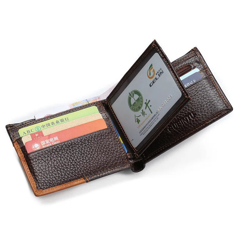 Brown leather tri-fold wallet with card slots, bill holder and zip compartment