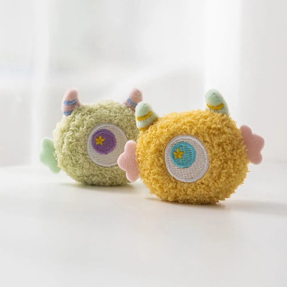 Cartoon-shaped plush dog chew toy with big eyes in multiple colour options