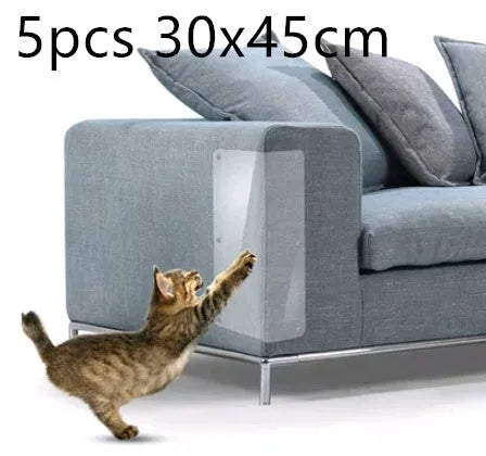Two transparent PVC self-adhesive cat claw protector pads on a leather sofa arm, each 47x15cm