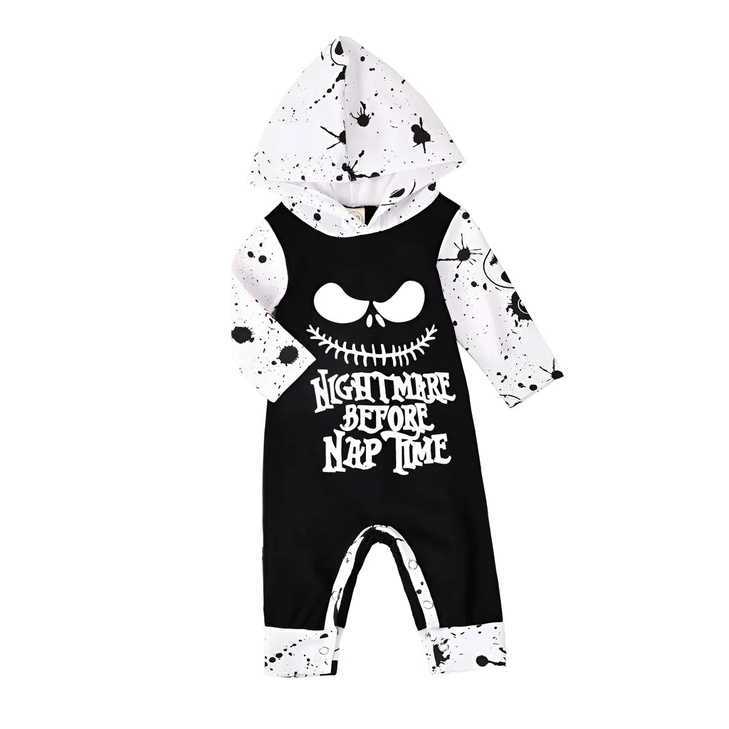 Black cotton hooded Halloween romper for children with long sleeves on a hanger