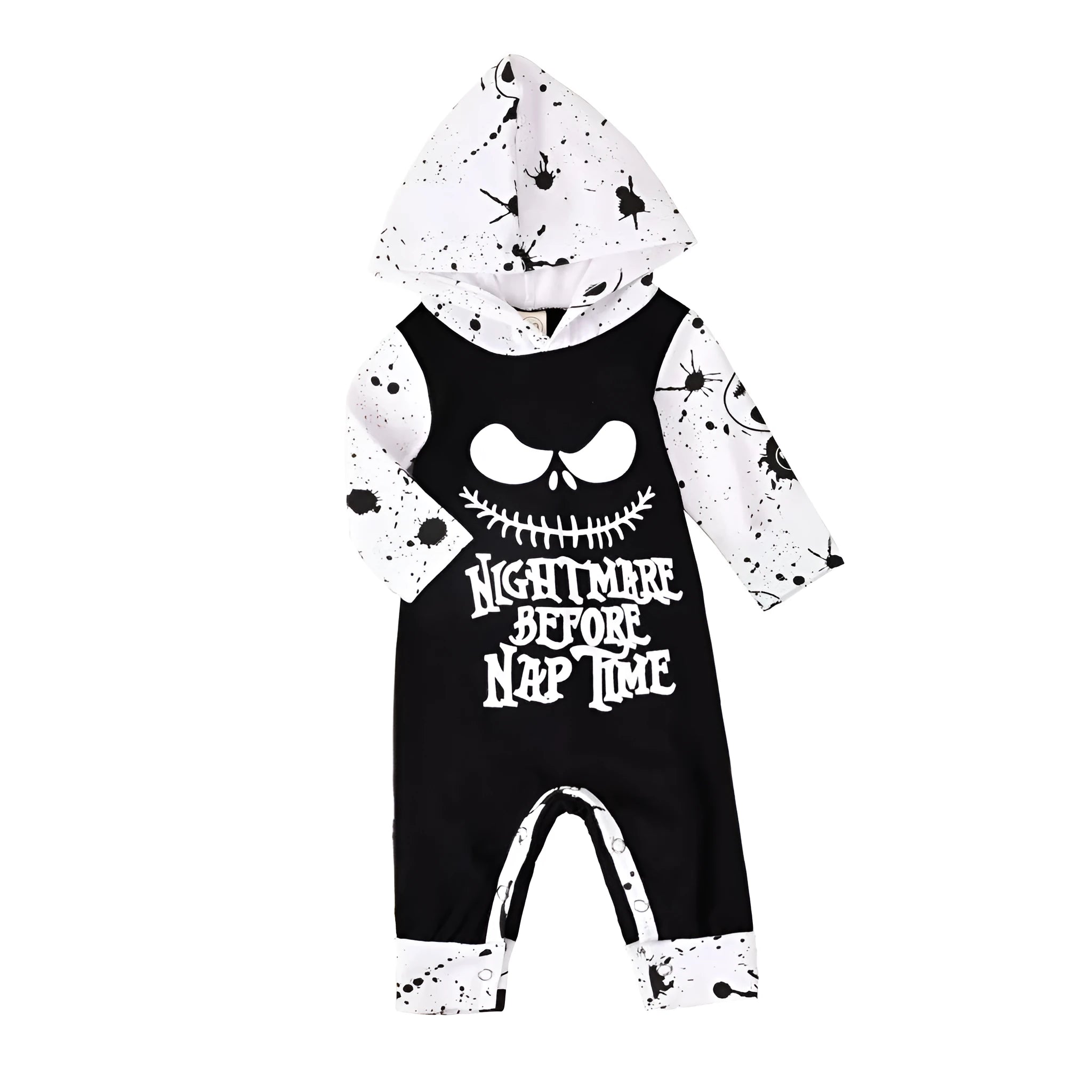 Black cotton hooded Halloween romper for children with long sleeves on a hanger