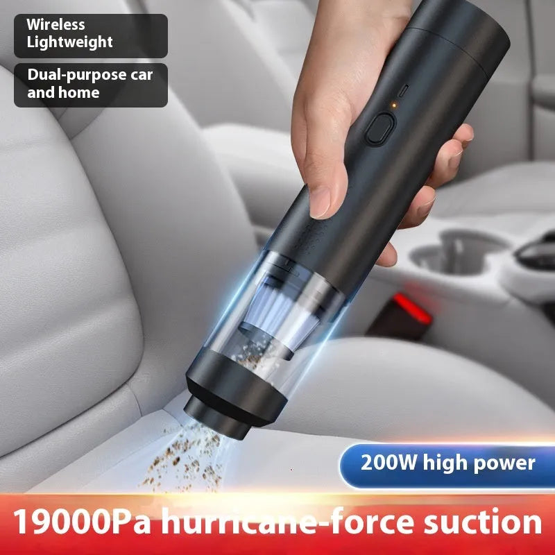 Rechargeable handheld car vacuum with air blow nozzle and optional buggy bag in white