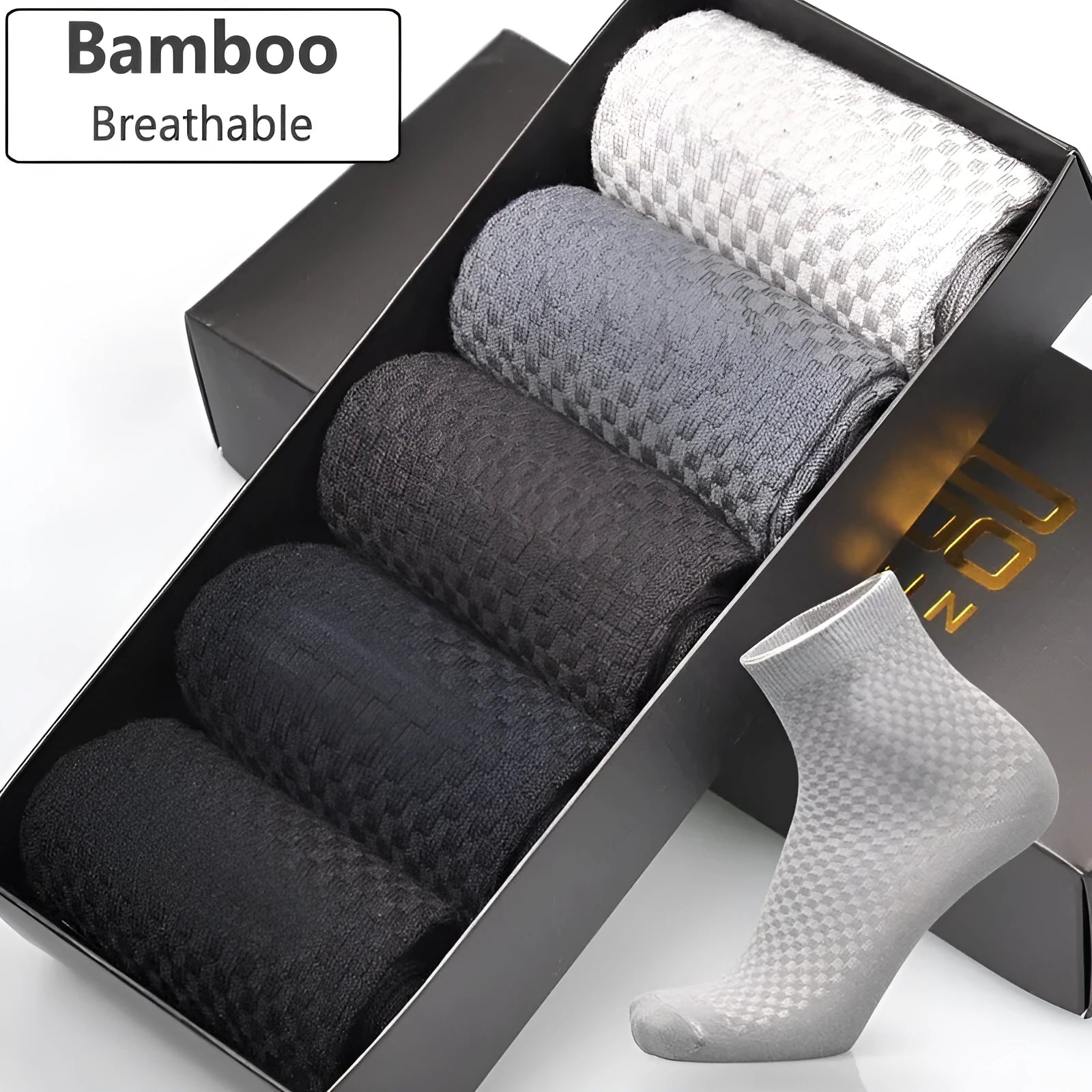 Men's bamboo fibre socks in black, navy, silver, iron grey, and grey blue with small square pattern.