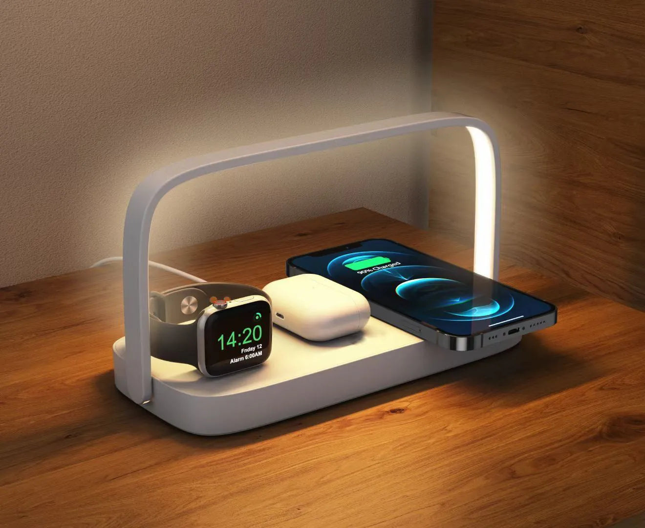 Three-in-one white wireless charger with night lamp for smartphones