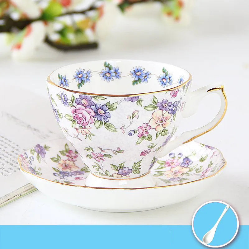 European porcelain coffee cup and saucer set with pastoral style pattern in assorted colours