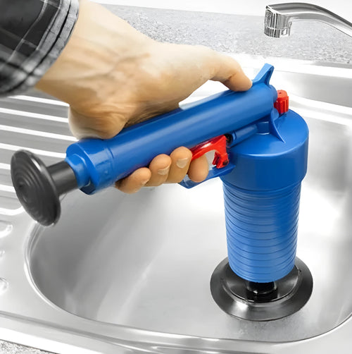 Manual high-pressure air power drain blaster gun with four different sized plastic sucker adaptors.