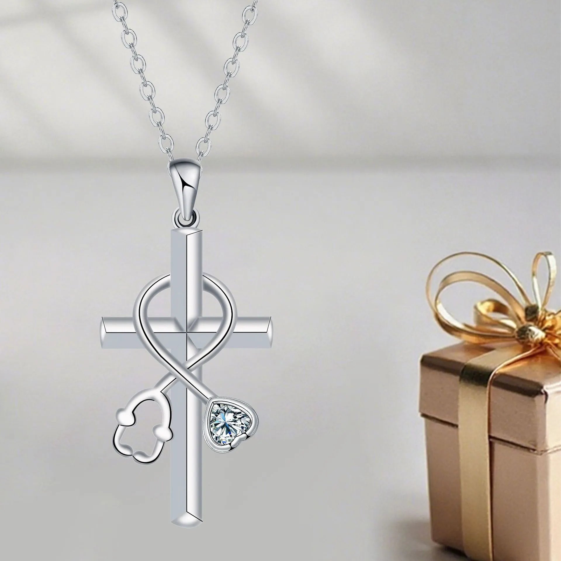 Copper stethoscope necklace with cross chain and electroplated finish