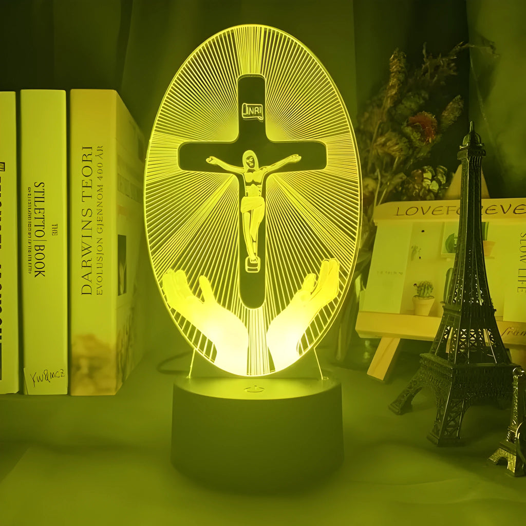 Cross acrylic 3D night light with LED, showing 200x150mm slim panel and colour glow