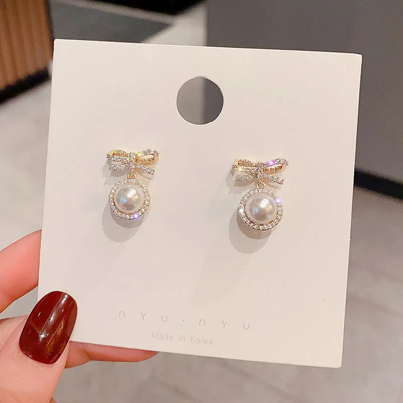 Bow pearl simple micro stud earrings white copper electroplated bowknot gemstone stud earrings
