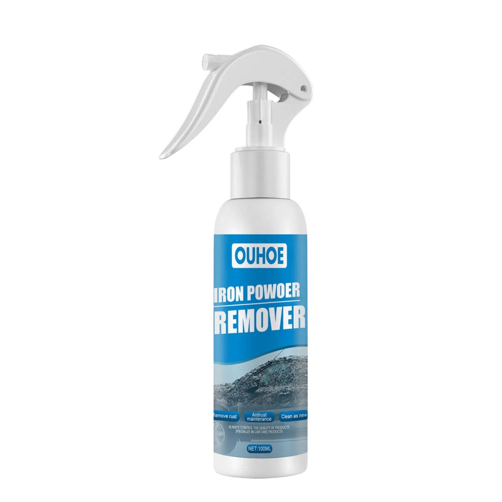 Automotive iron powder rust remover spray bottle in 30ml or 100ml size with blue sponge or towel applicator.
