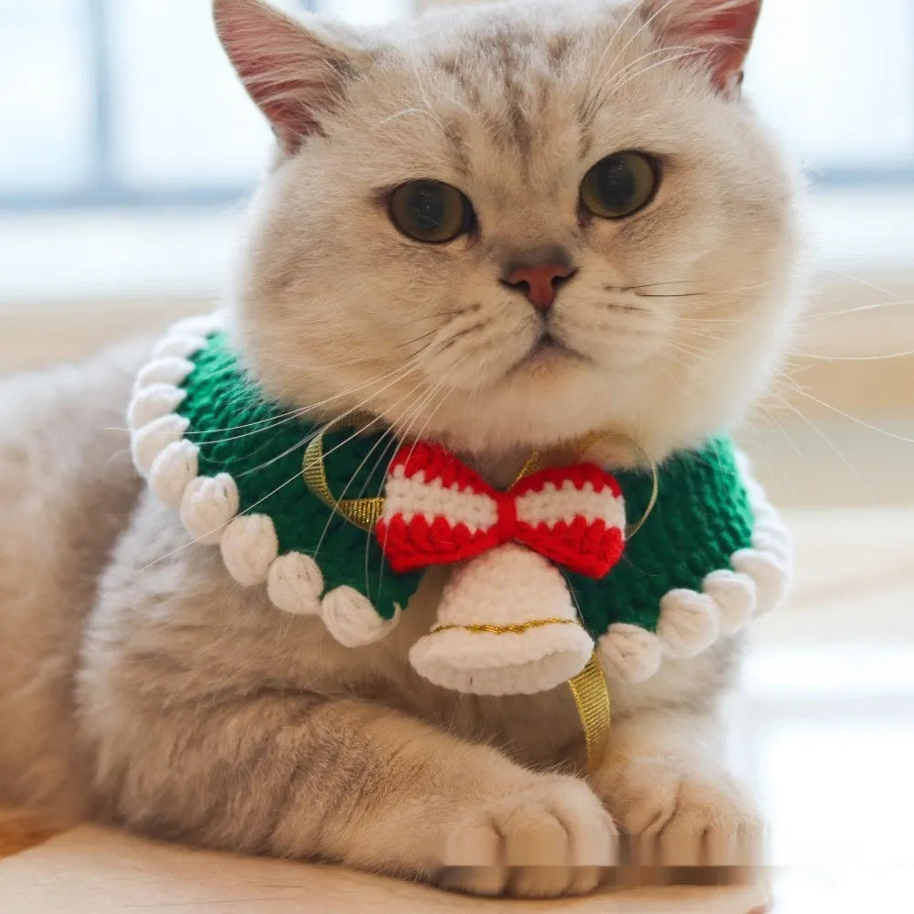 Knitted wool Christmas pet scarf clipped to dog collar in striped Santa pattern