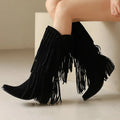 Women's black suede high boots with tassels, a chunky heel, and a waterproof platform.