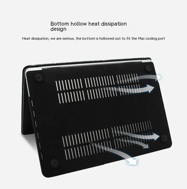 MacBook protective case with crocodile pattern texture and hollowed-out Apple logo in black, white, or soft pink