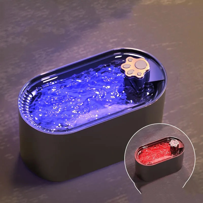 Berlin blue automatic pet water fountain with quiet pump and triple filter on floor.