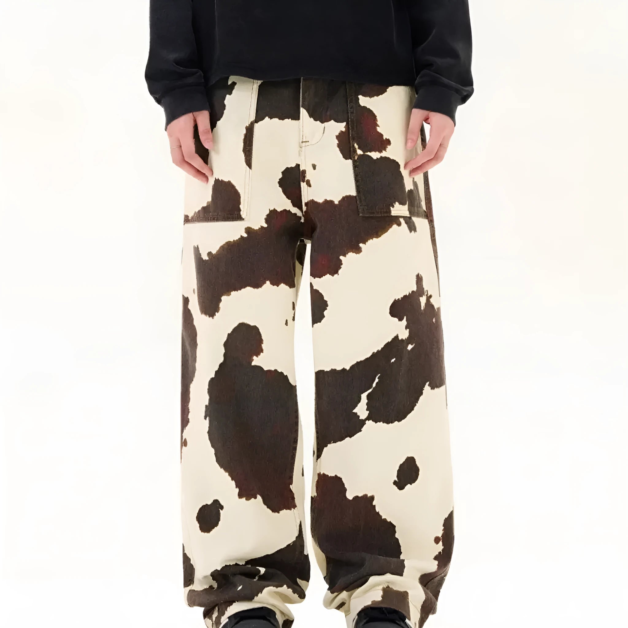 Men's casual trousers with retro cows pattern, straight-leg cut, and button fly opening