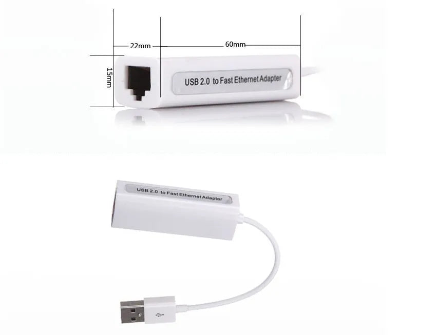 White USB to RJ45 Ethernet network adapter with micro USB connector and LED indicator