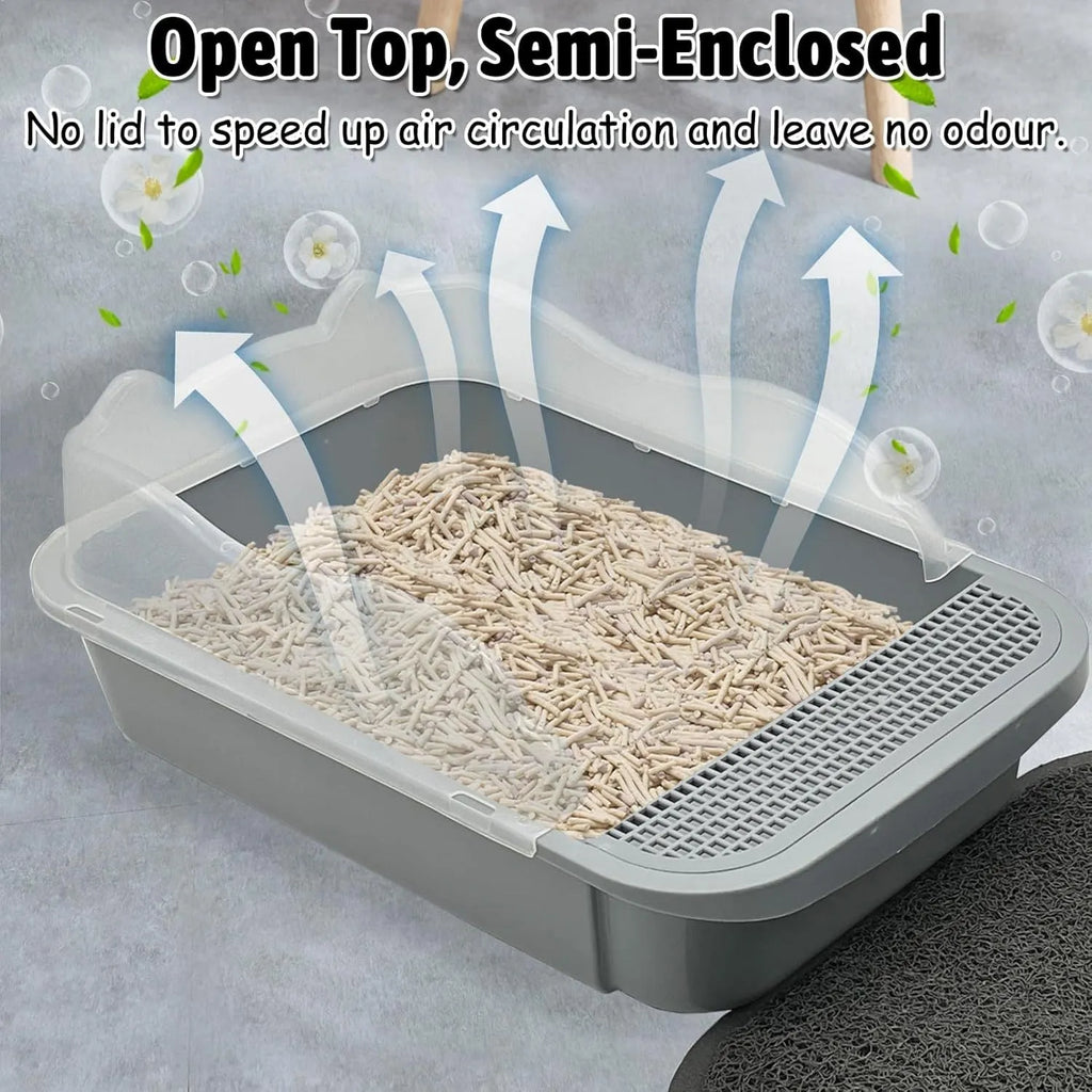 Sifting cat litter box with high sides, leak-proof pedal, and detachable fences for kittens and tiny cats